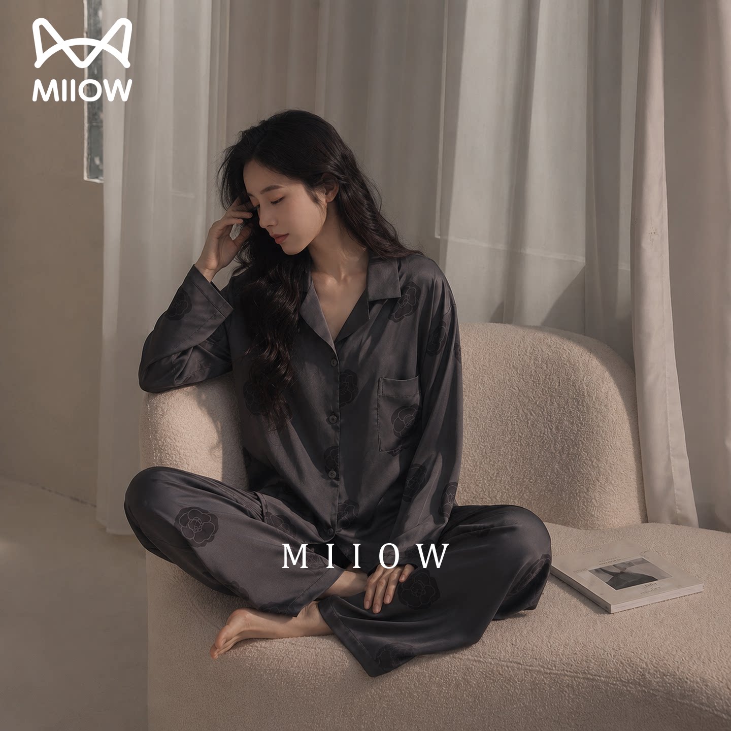 猫人冰丝睡衣套装女春秋季家居服