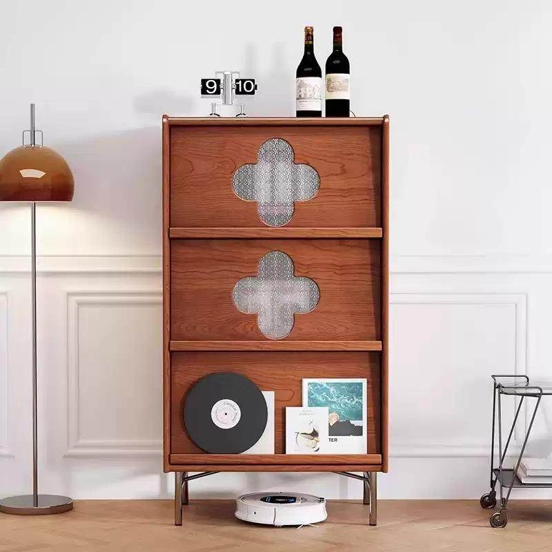 中古风实木四叶草边柜电视柜旁储物柜复古小户型客厅靠墙组合柜子