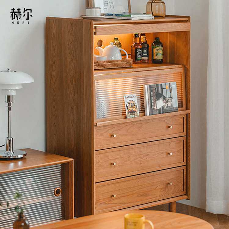 博物餐边柜北欧客厅沙发边柜储物柜樱桃木实木厨房置物柜碗柜