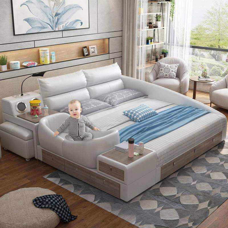 现代简约大户型卧室储物双人婚床 多功能榻榻米皮床子母婴儿床