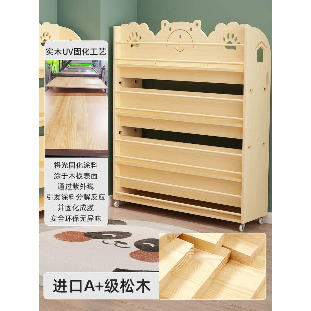 实木儿童书架置物架家用多功能宝宝阅读区绘本架落地移动双面书柜