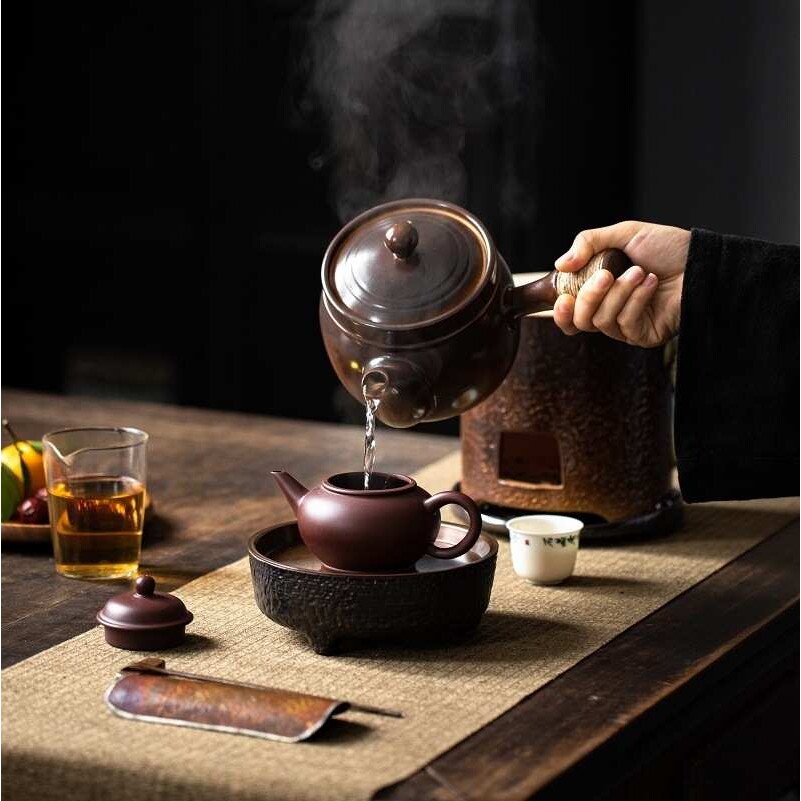 围炉煮茶淘瓷八中式复古温茶养生碳炉古陶侧把烧水煮茶壶窑变炭炉