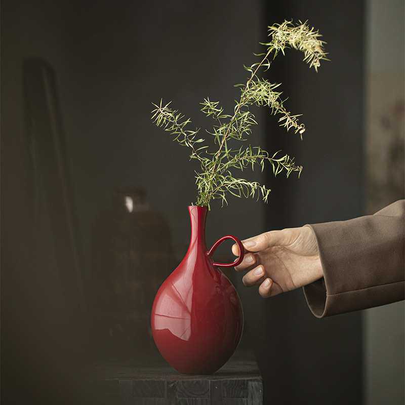 赭红陶瓷花器 国风中式桌面花瓶花插花道花艺水培瓶茶道