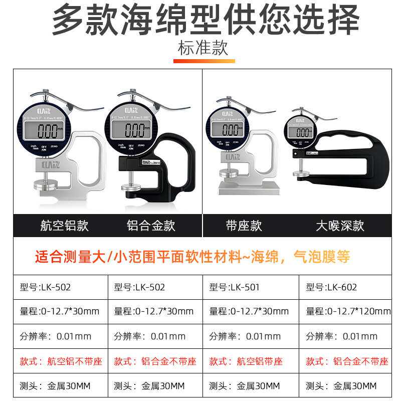 测莱准CLZ海绵厚度计厚薄规LK-502/702海棉厚度规0-10MM测头30MM