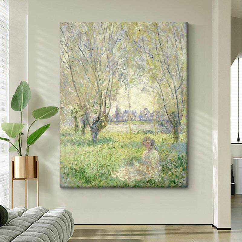 手绘油画名画莫奈玄关装饰画白杨树风景看书印象下女客厅挂画人物