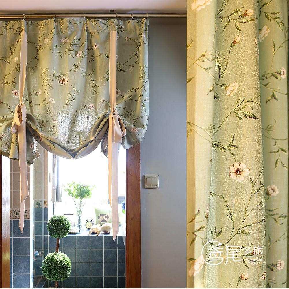 美式乡村地中海复古绿底枝蔓提拉帘半帘窗帘