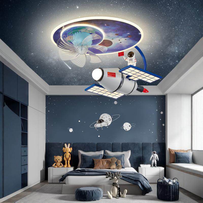 儿童房灯空间站卫星灯男孩卧室房间灯全光谱太空主题灯风扇吸顶灯