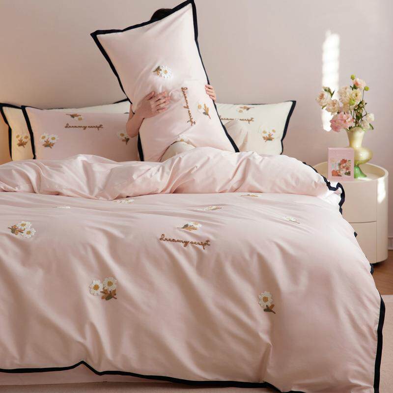 100S高支全棉长绒棉四件套小清新少女心毛巾绣雏菊花纯棉床上用品