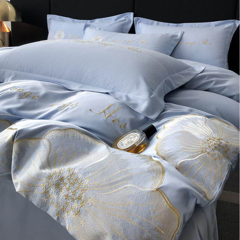 新款水洗真丝刺绣四件套轻奢风床笠款纯色简约天丝床单被套