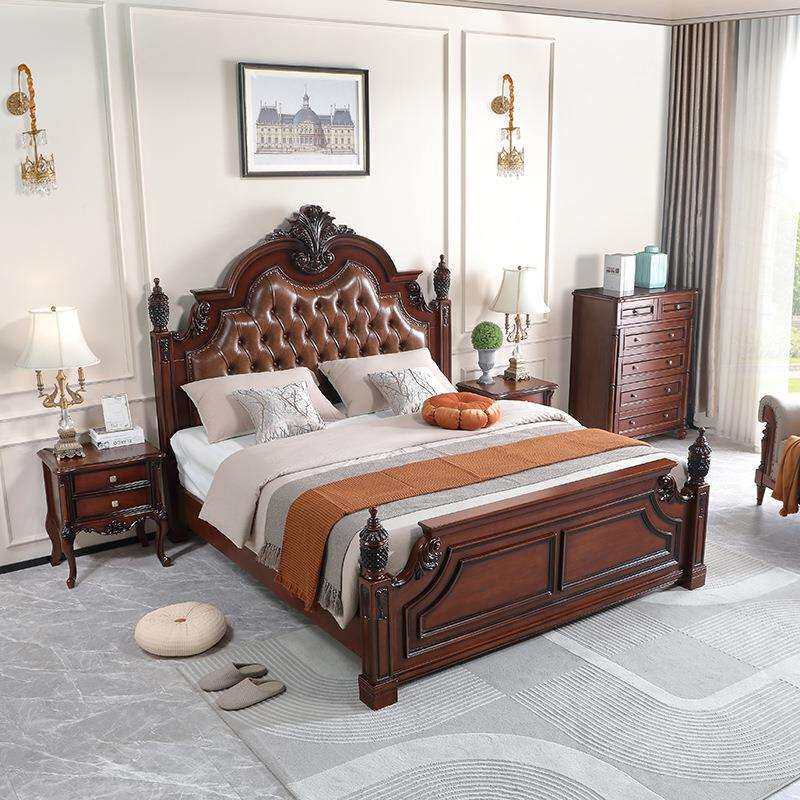 美式床1.8米实木大床1.5橡木双人气动储物卧室家具组合复古胡桃