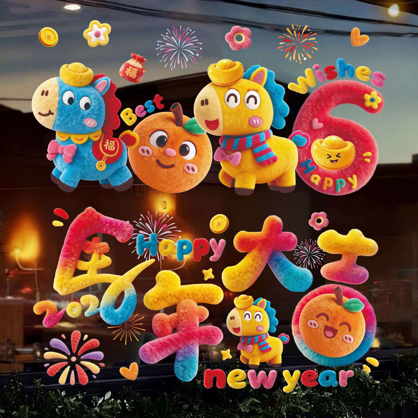 爆款5D小马绒毛质感国风玻璃静电贴新年元旦春节贴墙贴窗花装饰JM