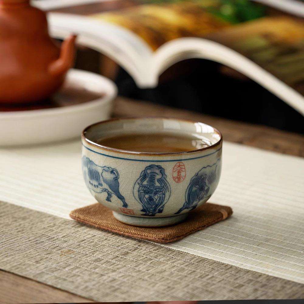 德化老陶泥柴窑五牛图主人杯单杯仿古茶杯高端手工茶具扭转乾坤