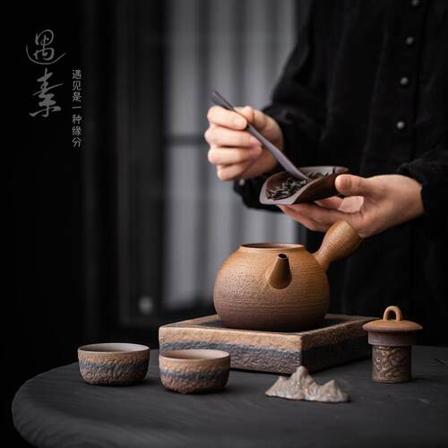 复古粗陶茶壶家用酒精灯加热煮茶炉茶壶茶具泡茶套装侧把壶单壶