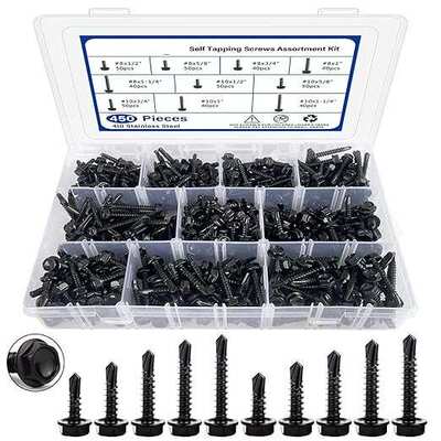 跨境450PCS金属自攻螺丝410不锈钢自钻螺丝#8#10六角头螺丝