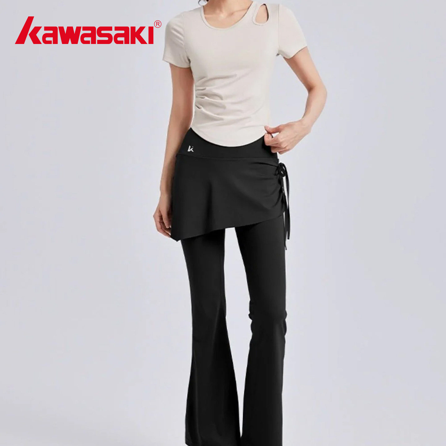 kawasaki/川崎假两件微喇瑜伽裤女士春夏季紧身户外运动健身长裤