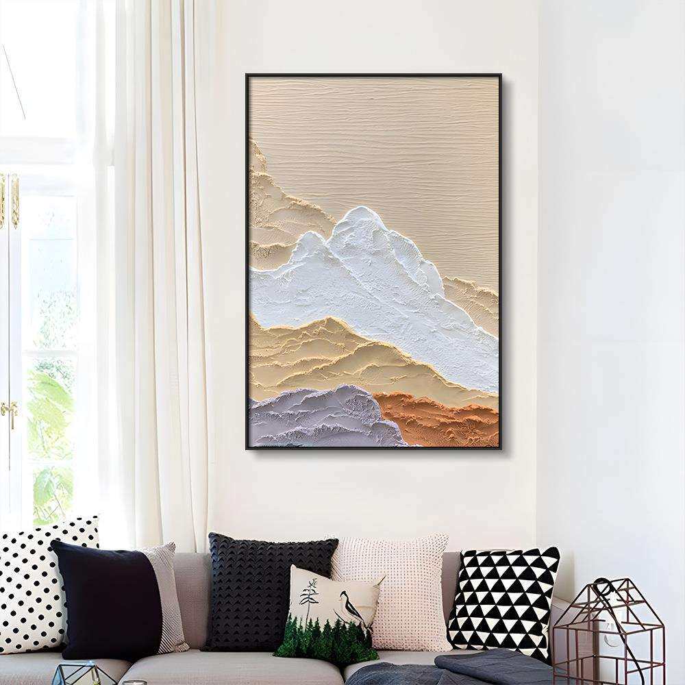 现代简约手绘油画绿白抽象石英砂肌理油画立体暖色系山景装饰画