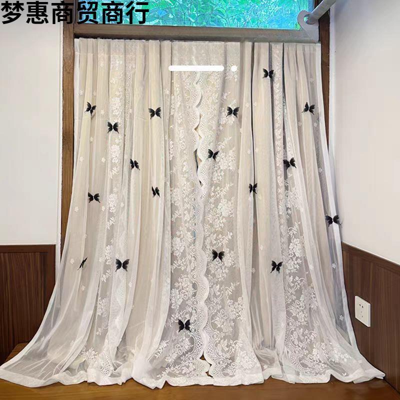 双层窗帘卧室遮光纱布一体公主法式黑色蝴蝶出租屋网红