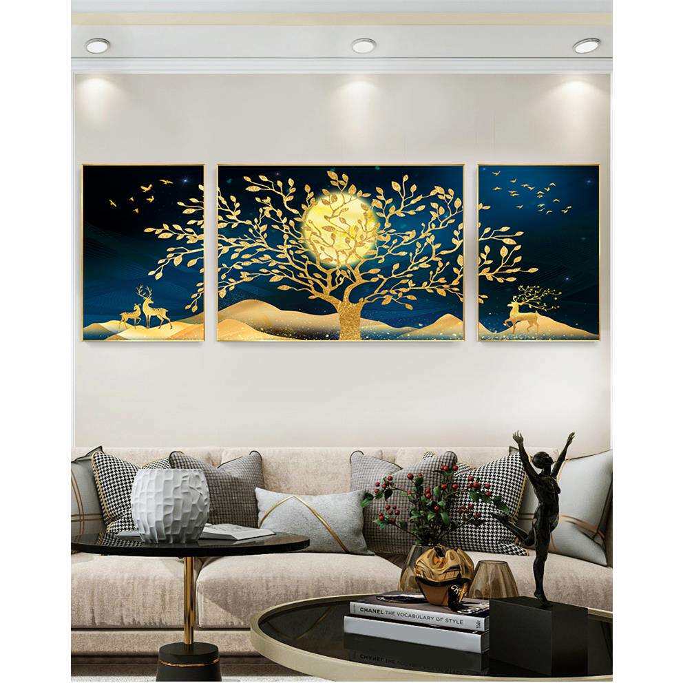 北欧客厅装饰画三拼大气组合鹿晶瓷挂画玄关墙画现代三联发财树