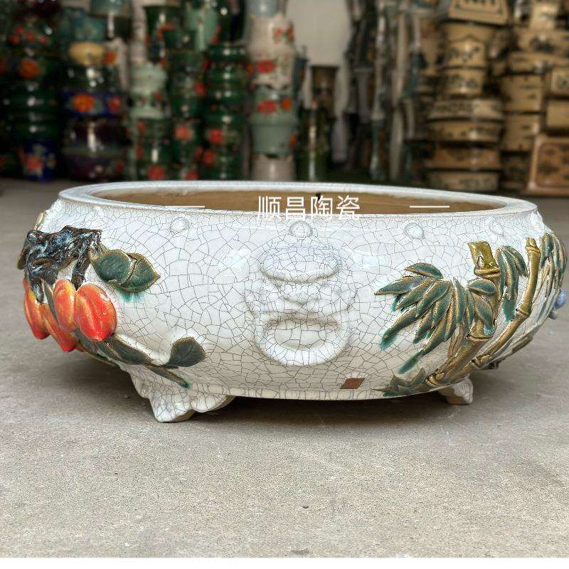 石湾盆手工贴花圆形盆陶瓷花盆庭院园林盆景盆栽阳台居家摆设