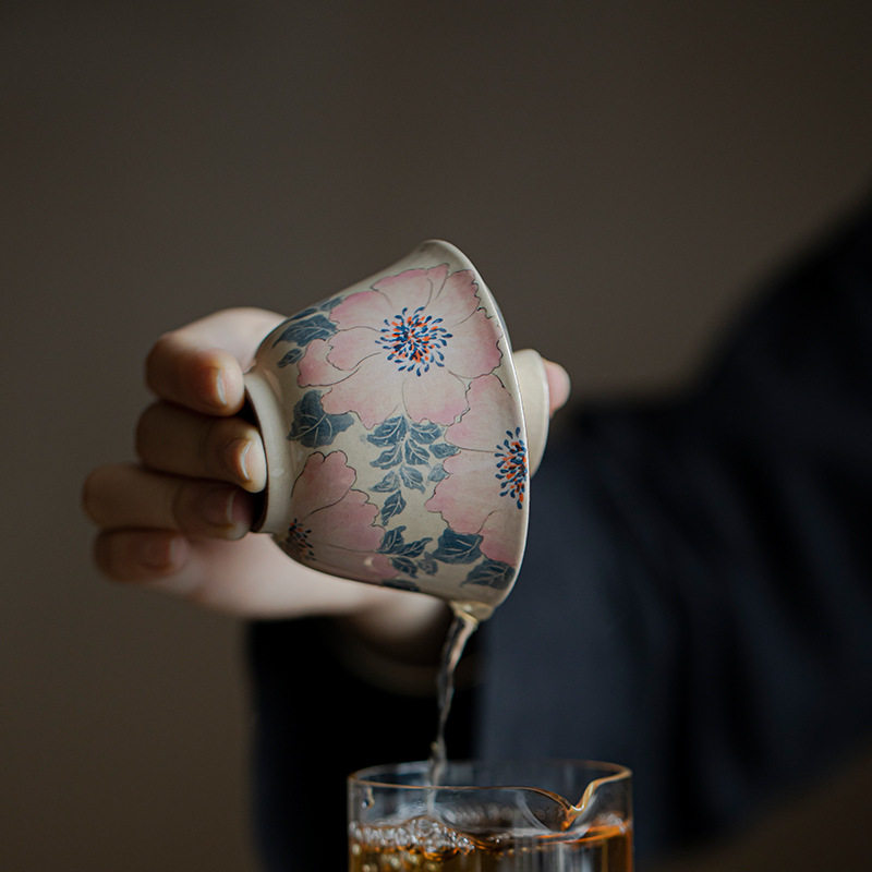 弥言粉引手绘釉下彩牡丹盖碗手工粗陶粉引泡茶碗茶杯诧寂风泡茶器