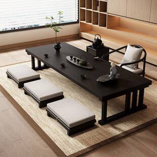 日式禅意榻榻米茶桌实木茶台茶几家用地台坐地飘窗炕桌黑色矮长桌