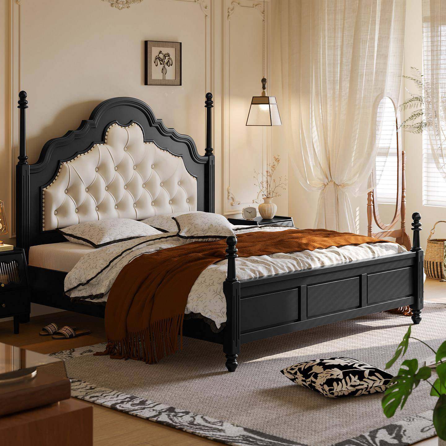 法式中古风安娜床高级复古美式实木真皮软靠1米8双人2米主卧大床