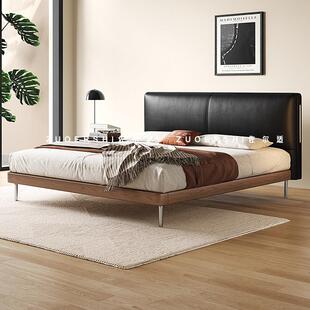 政府补贴佐尔适复古风真皮床卧室豆腐块双人床现代中古黑色实木床