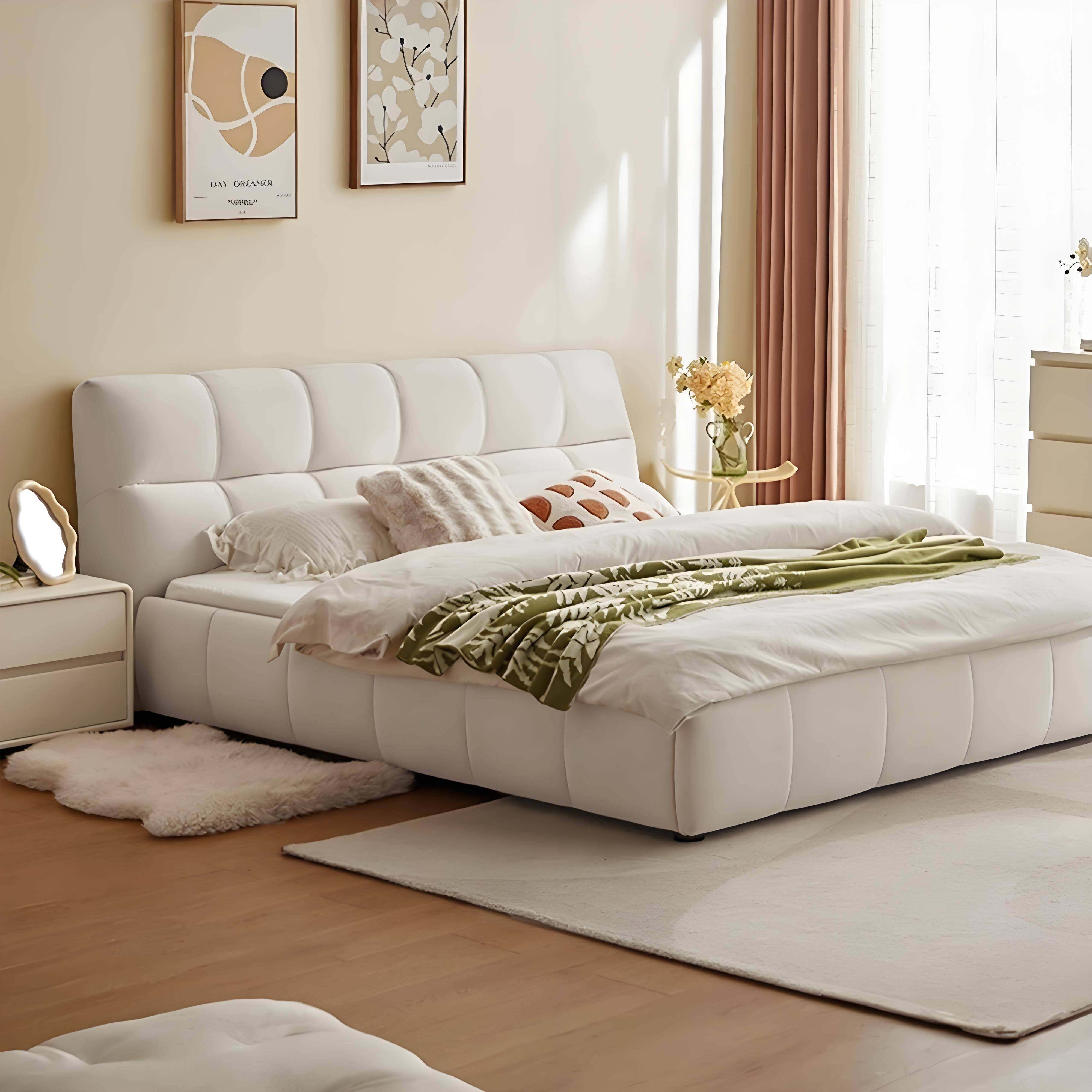 奶油风泡芙布艺床现代简约科技布1米8x2米主卧双人床软包储物婚床