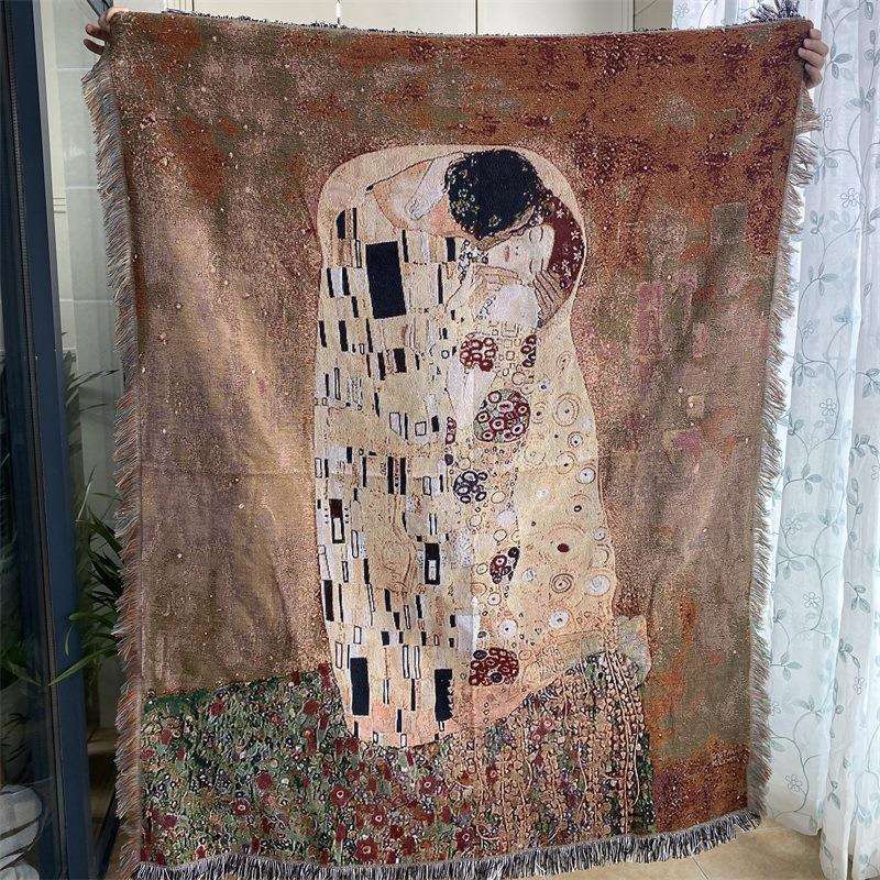 KLIMT KISS复古油画风挂布壁毯多用途装饰盖布披毯沙发巾桌布盖毯