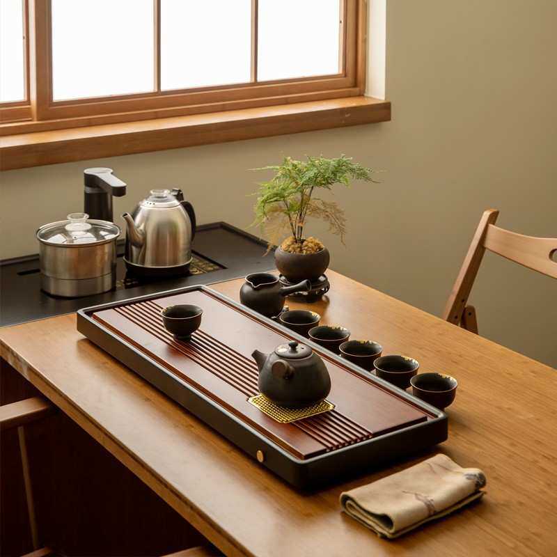 祥福竹制茶盘排水式新中式复古简约轻奢茶台家用茶室干泡盘茶具