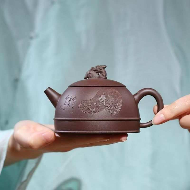 正宗宜兴大容量紫砂壶原矿陈腐紫泥刻绘禅心瑞兽壶高档泡茶壶茶具