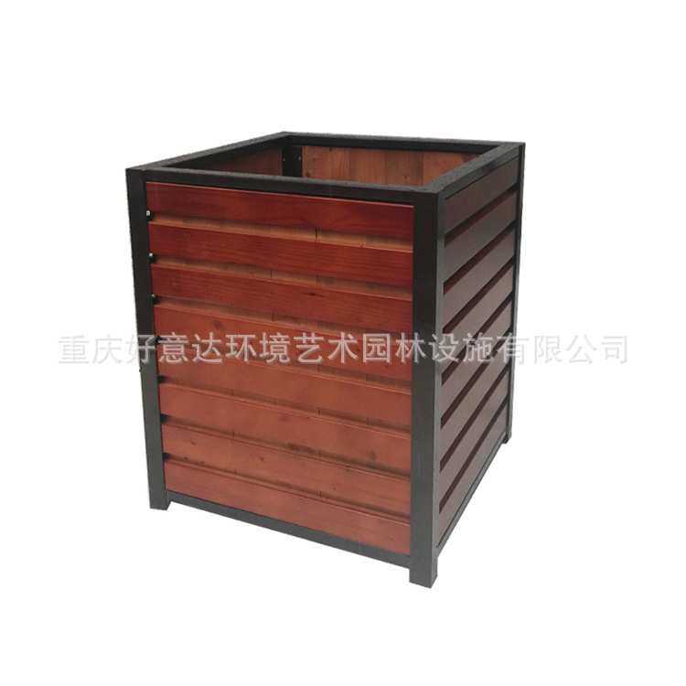 简约商业街道隔断花箱室外带logo防腐木花槽户外商场广场木质花箱