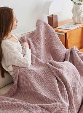 日式纱布床盖三件套床上耐脏不掉毛防油毯子格子床盖沙发蓝色