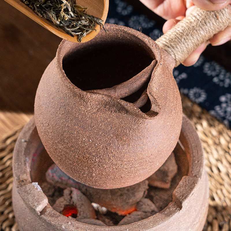 手工云南粗陶侧把烤茶罐网红烤奶罐土陶公道杯煮茶壶罐罐茶煮茶器
