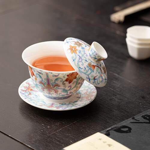 德化白瓷三才盖碗单个悬停敬茶杯青花功夫陶瓷茶具盖子悬浮泡茶碗