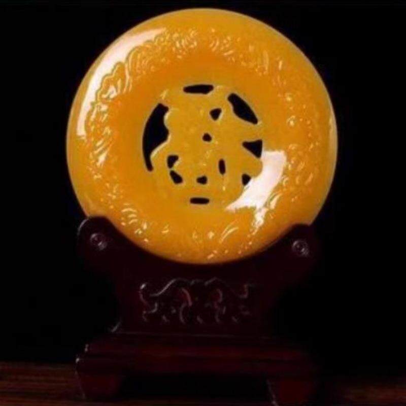米黄玉福字平安扣摆件 家居装饰办公缕空福字黄玉平安扣玉摆件