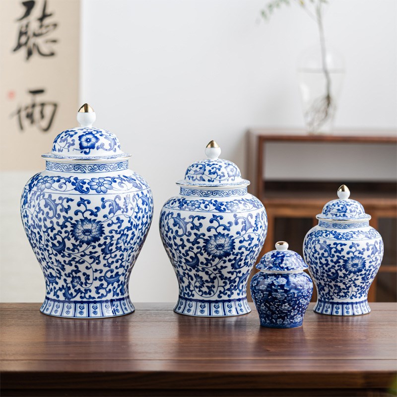 中式仿古青花瓷将军罐空罐大容量密封罐通用防潮茶仓家用客厅摆件