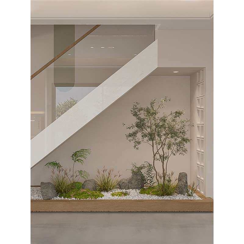青火楼梯下造景微景观真绿植装饰软装设计鸡爪槭大型假树植物