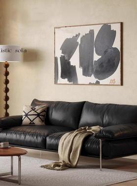 中古风黑色皮艺高脚沙发法式复古极简家用民宿客厅三人位直排沙发