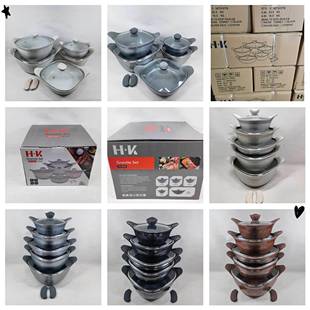 韩式方圆汤锅铝锅12件套不锈钢斜耳式不粘锅麦饭石套锅压铸锅