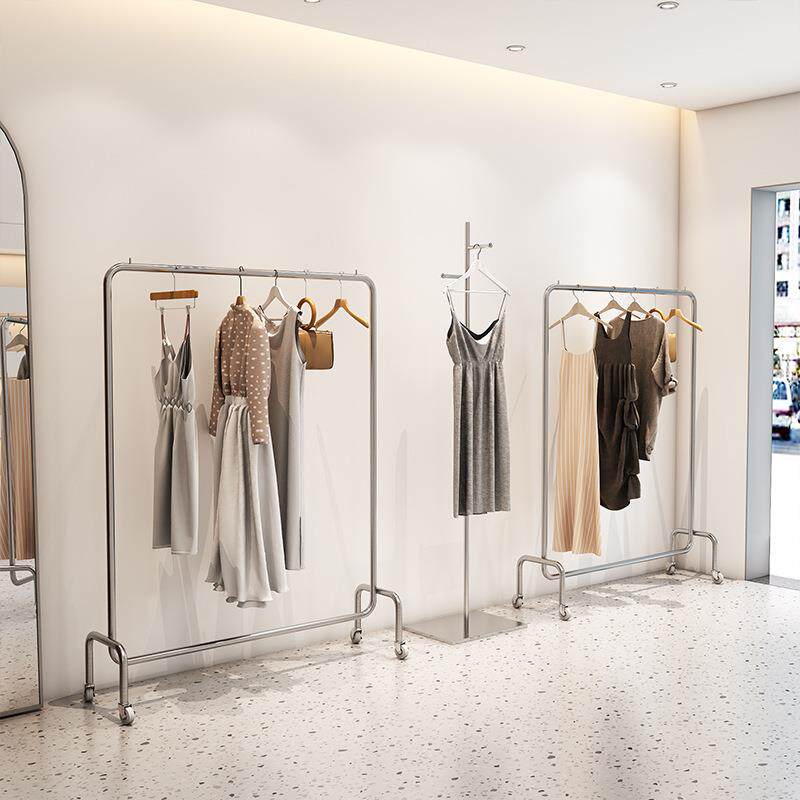 服装店挂衣杆展示架落地中岛不锈钢拉丝银男女装童装店可移动带轮