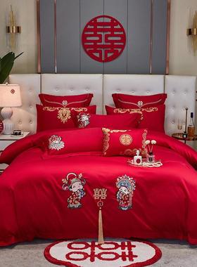 100全棉结婚四件套婚庆纯棉床单被套大红色新婚嫁床上用品六件套