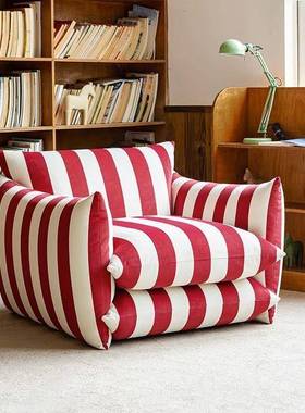 美式红蓝色条纹牛仔面料阳台单人椅客厅设计师扶手椅网红时尚单椅