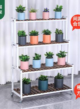 带轮可移动花架实木铁艺四层户外多层阳台置物架花盆架绿植旋转