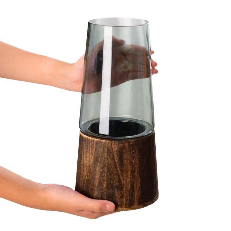 大简约木托玻璃花瓶方缸原色花瓶摆件客厅餐桌银柳插花装饰家用