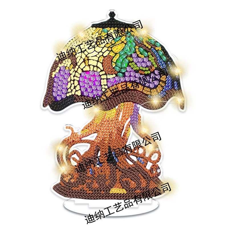 钻石画桌面摆件亚克力立牌蘑菇带灯串钻石画摆件亮钻异形钻贴绣