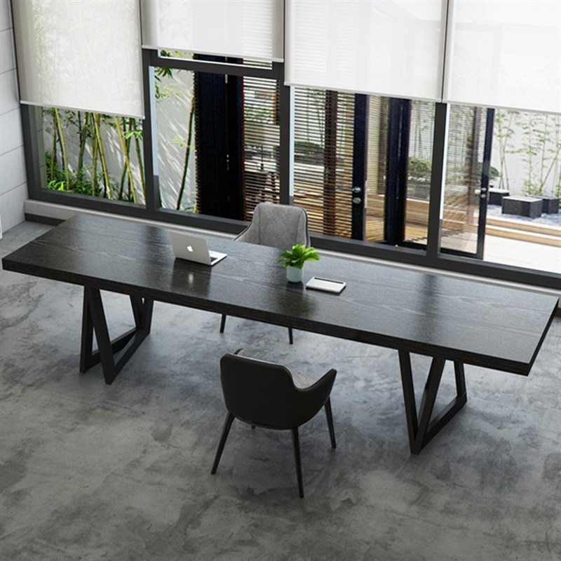 客厅实木长书桌大板桌工作台电脑桌黑色创意设计师轻奢老板办公桌