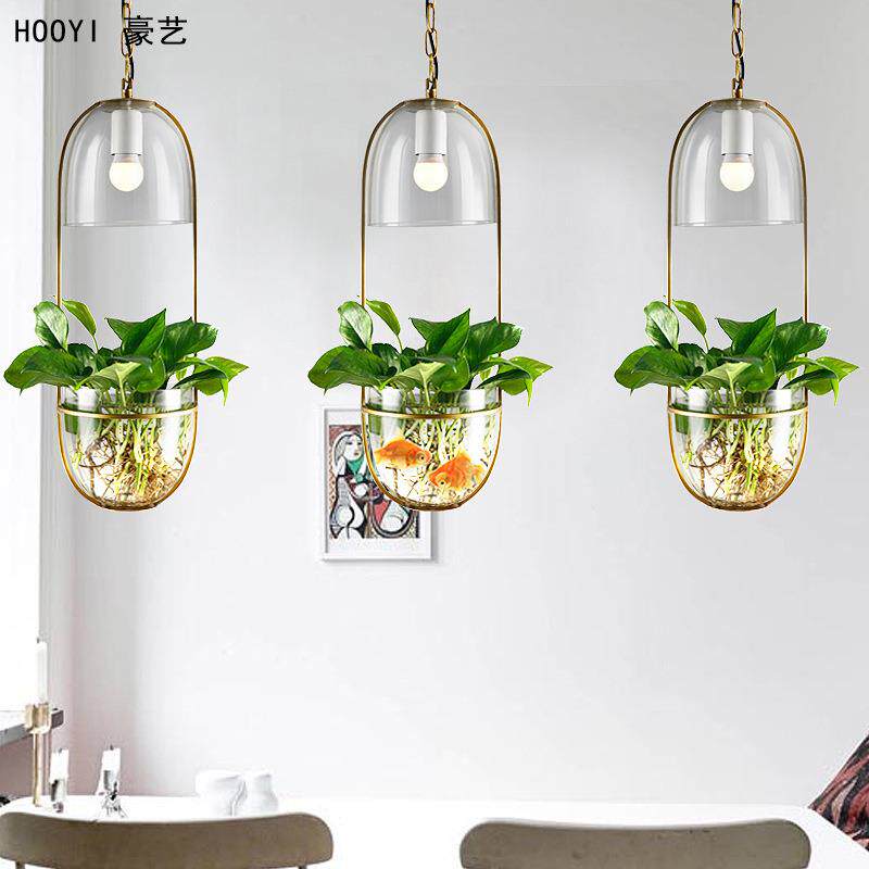 LED植物吊灯田园铁艺玻璃灯具适用餐厅吧台阳台过道玻璃铁艺