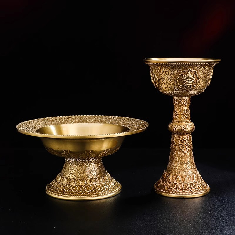 尼泊尔纯铜八吉祥雕花护法杯家用供具黄铜贡酒杯供护杯供茶杯大号