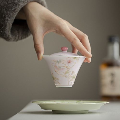 夏禾茶具杏粉色云归手绘盖碗温陶瓷小清新泡茶碗女生单茶杯主人杯